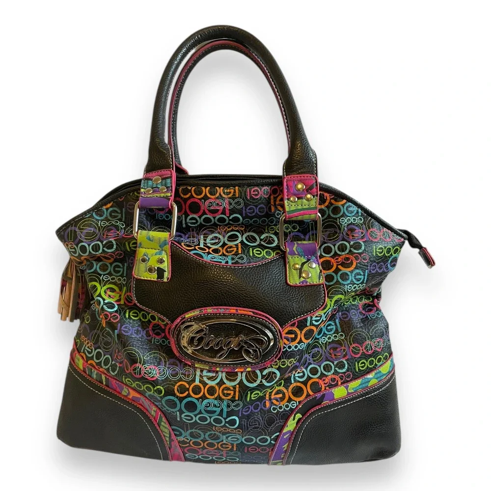 COOGI Black Multi Color Logo Print Hobo Bag Y2K Tassel Satchel Purse